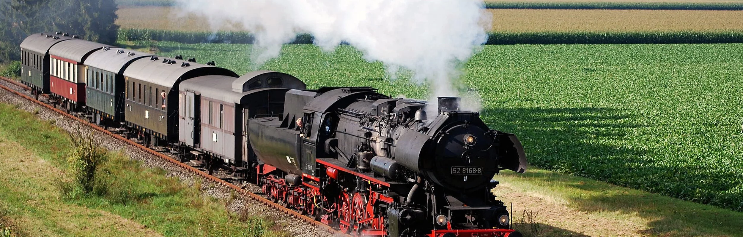Eine Dampflokomotive mit Waggons fährt rauchend durch das Ries