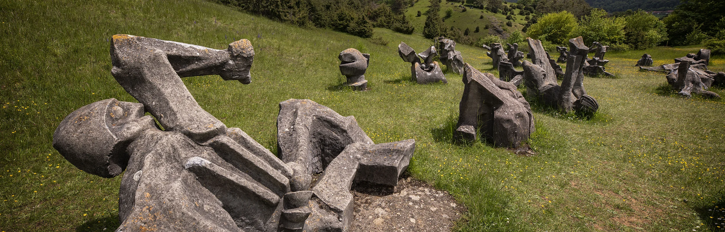 Die Fotographie zeigt ein Skulpturenfeld, welches auf einer Wiese in Hanglage gelegen ist. Die abstrahierten, menschenartigen Figuren sind aus Beton gegossen und stellen Kämpfer und Opfer in verschiedenen Positionen dar. Die Gesamtheit des Figurenfeldes erinnert an ein Schlachtfeld. Der Hintergrund zeigt eine karge Berglandschaft.