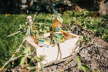 Holzkiste mit Bio-Produkten, darunter Apfelsaft, Honig und Likör, auf einem Baumstamm im Freien platziert.