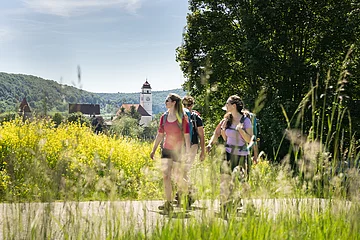 Drei Wanderer mit sommerlicher Kleidung sind auf dem Altmühltal-Panoramaweg unterwegs. Die zwei Frauen im Vordergrund tragen rot und lila Shirt, dahinter wandert ein Mann im dunklen Shirt. Der Wanderweg wird von grünem Gras gesäumt. Links erhascht man einen Blick auf Dollnstein und seine Kirche. Rechts ragt ein großer Baum hoch.