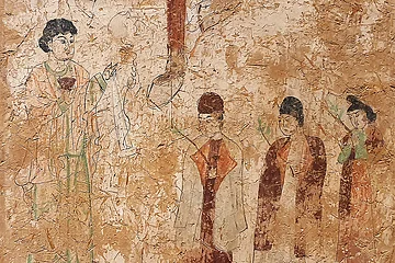 Feier des Palmsonntags auf einer Wandmalerei des 8. Jahrhunderts n. Chr. aus einer Kirche in Kocho (Gaochang) in der chinesischen Provinz Xinjiang, heute im Humboldt Forum Berlin.