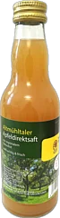 Flasche mit Altmühltaler Apfeldirektsaft, Etikett mit Nährwertangaben und Bild von Obstbäumen.