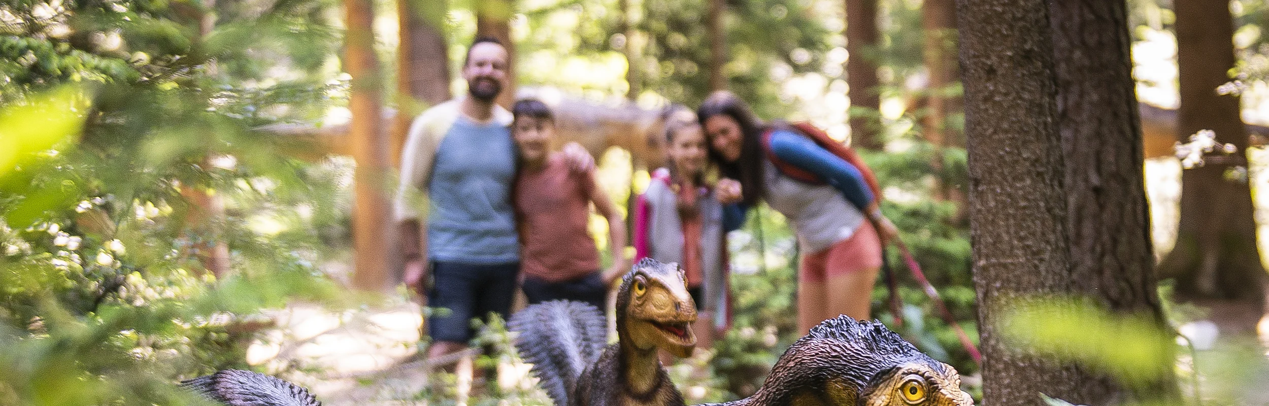 Zwei Dinosauriermodelle im Wald, unscharf im Hintergrund eine Gruppe von Menschen.