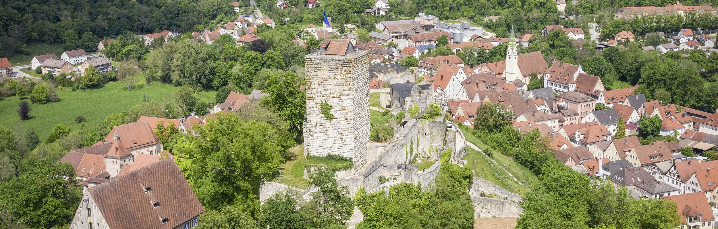 Luftaufnahme einer Burg mit Turm und umliegendem Dorf in einer grünen Hügellandschaft unter bewölktem Himmel.