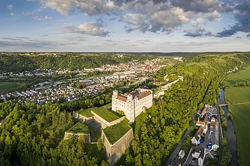 Panoramablick auf eine Burg auf einem bewaldeten Hügel mit Stadt und Fluss im Hintergrund bei Tageslicht