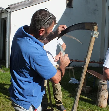 Zwei Männer schärfen eine Sense im Freien. Einer hält die Sense, der andere bearbeitet die Klinge.