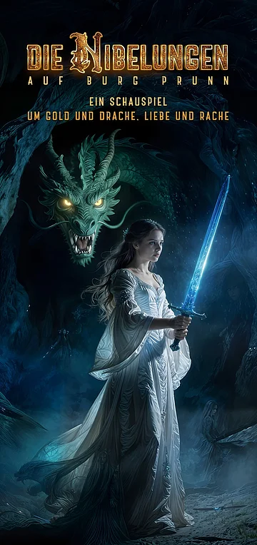 Auf diesem Bild sieht man die Schauspielerin mit einem Schwert in der Hand und mit einem Drachen im Hintergrund.