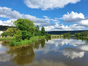 Fluss mit grünen Bäumen am Ufer und Wolkenreflexion im Wasser unter blauem Himmel.