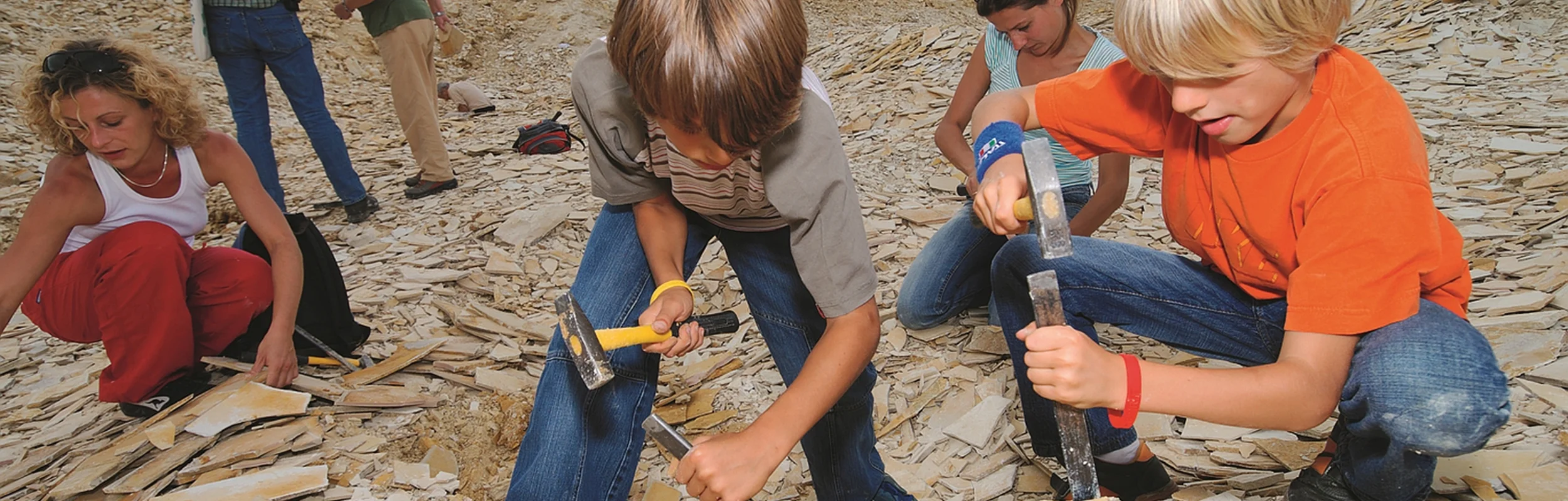 Kinder suchen im Hobbysteinbruch nach Fossilien.