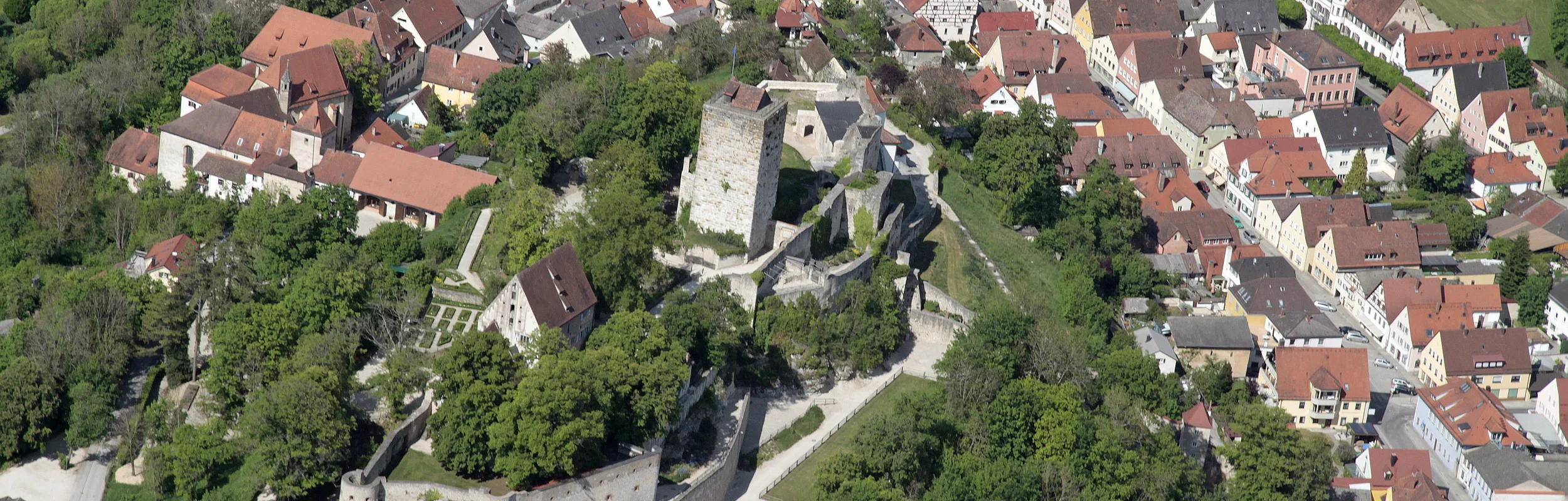 Die Burg Pappenheim von oben aufgenommen. Man hat einen guten Blick auf die gesamte Anlage mit Garten und Bäumen. Rechts sind auch viele Pappenheimer Häuser zu sehen.