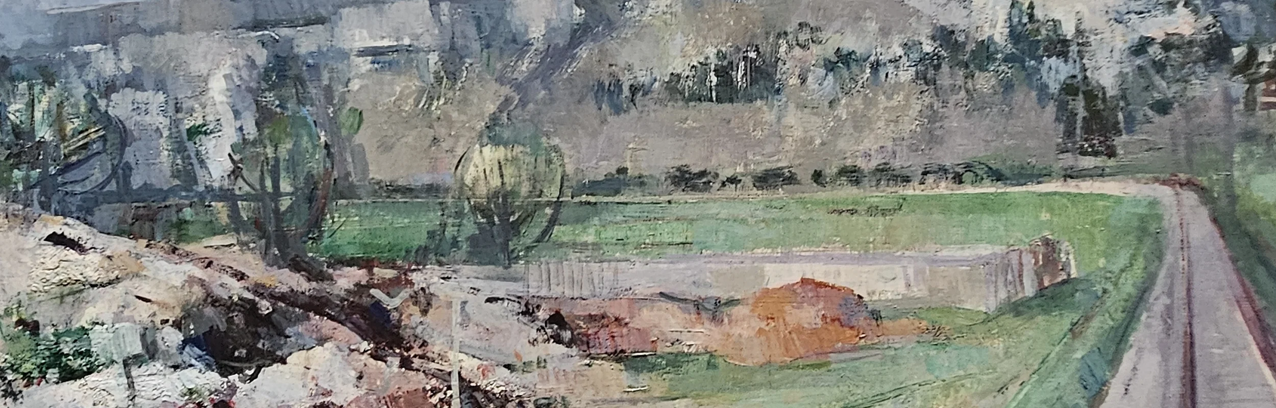 Gemälde einer Landschaft mit Hügeln, Wiesen und einem Weg rechts, im weißen Rahmen.